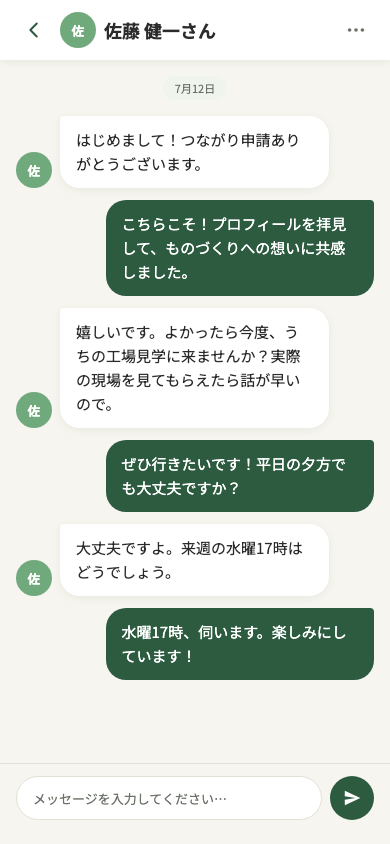 メッセージで、そのままつながるの画面
